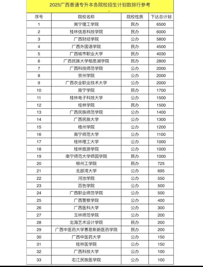 广西2025年普通高等教育专升本招生计划